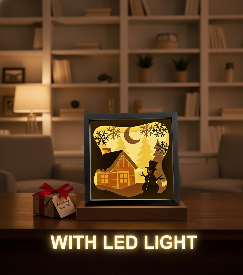 3D Winter Cabin Papercut Frame Picture with Snowman – Perfect Christmas Gift, Holiday Home Décor