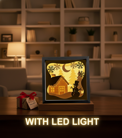 3D Winter Cabin Papercut Frame Picture with Snowman – Perfect Christmas Gift, Holiday Home Décor