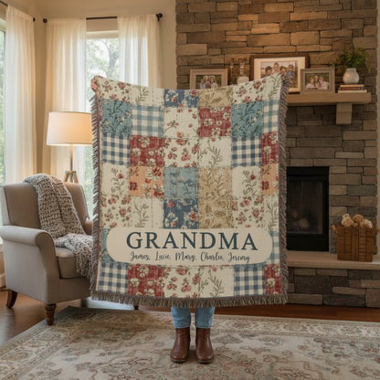 Custom Name Retro Patchwork Woven Blanket – Personalized Gift for Mom, Grandma
