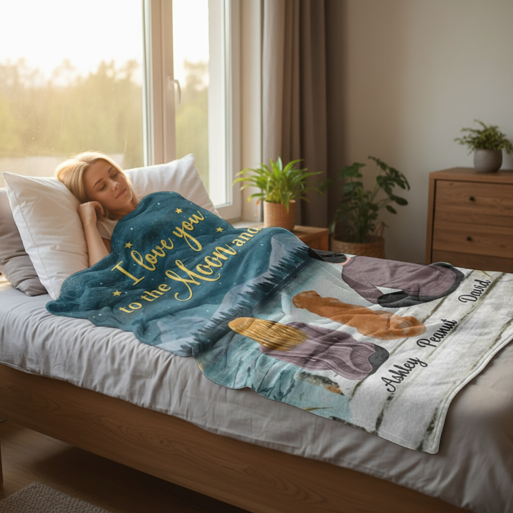 Couple And Dog Under Moonlight Personalized Fleece Blanket - Gift For Couples