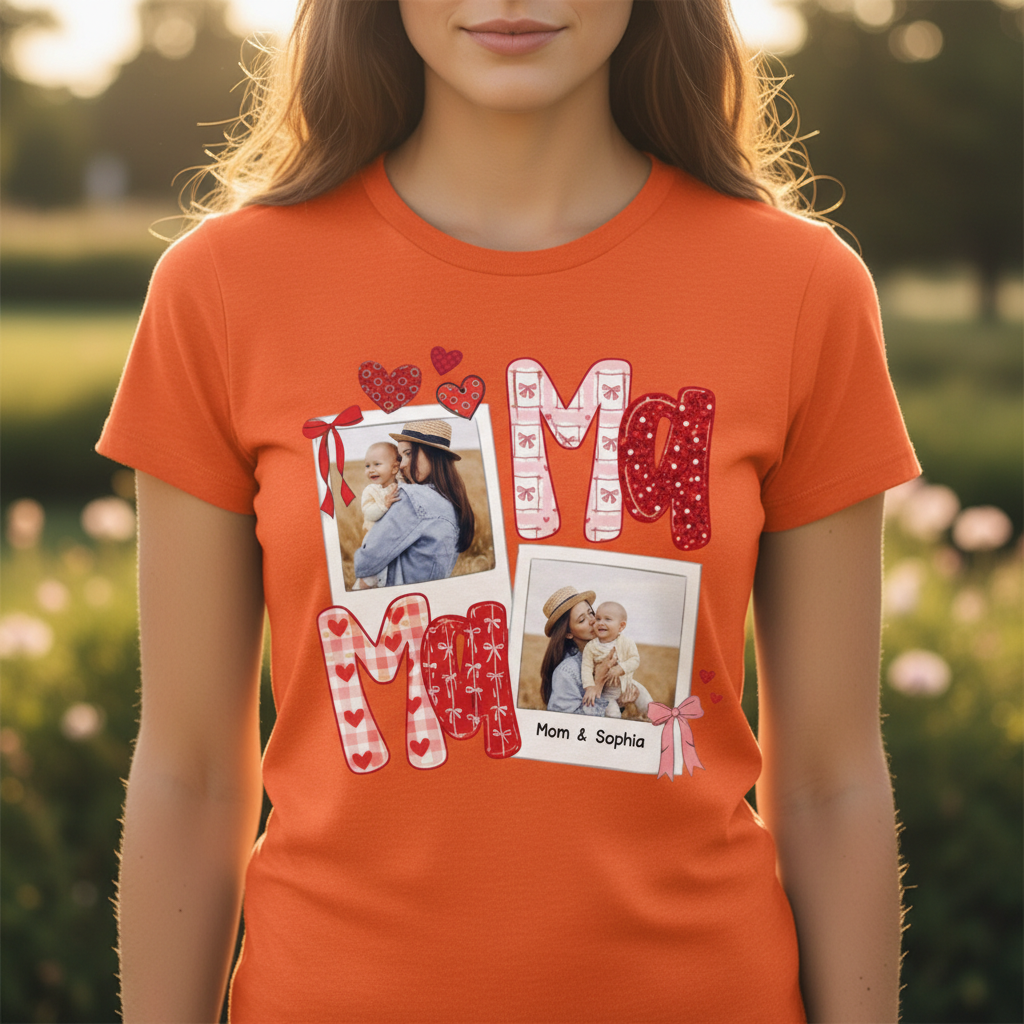 Preppy Mama Valentine Glitter Effect Photo - Personalized Women Tee - Heartfelt Gift for Mom