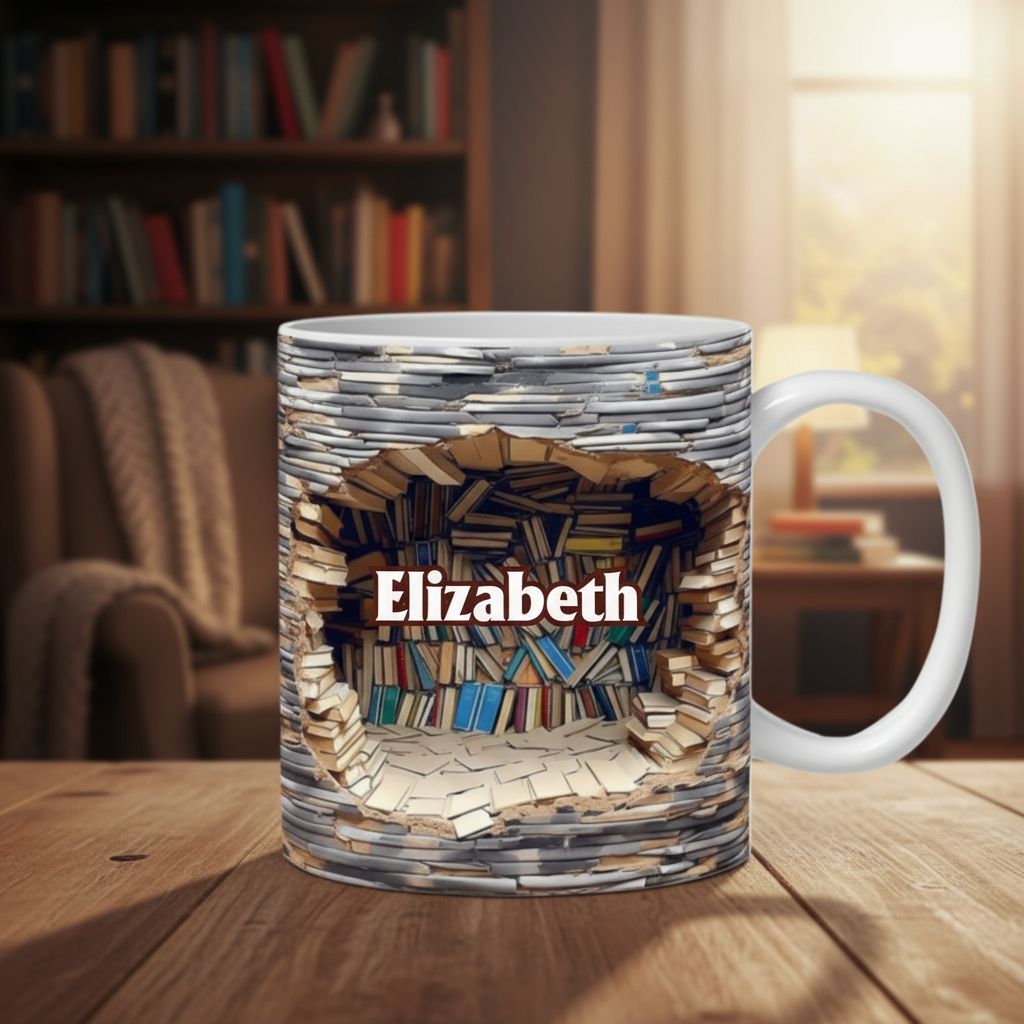 Custom Name 3D Library Shelf Ceramic Mug - Personalized Cool Gifts for Book Lovers