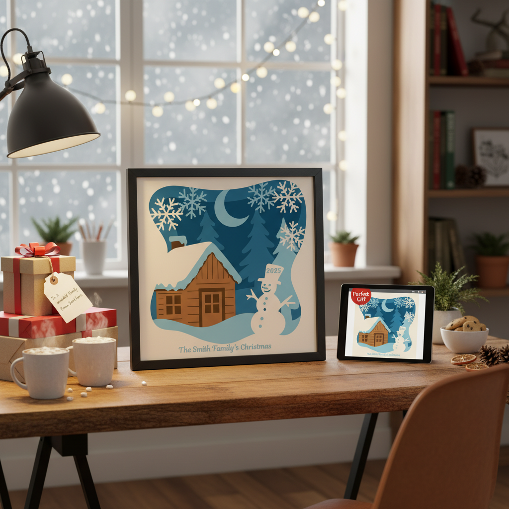 3D Winter Cabin Papercut Frame Picture with Snowman – Perfect Christmas Gift, Holiday Home Décor