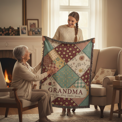 Custom Name Pastel Squares Woven Blanket – Personalized Gift for Mom, Grandma