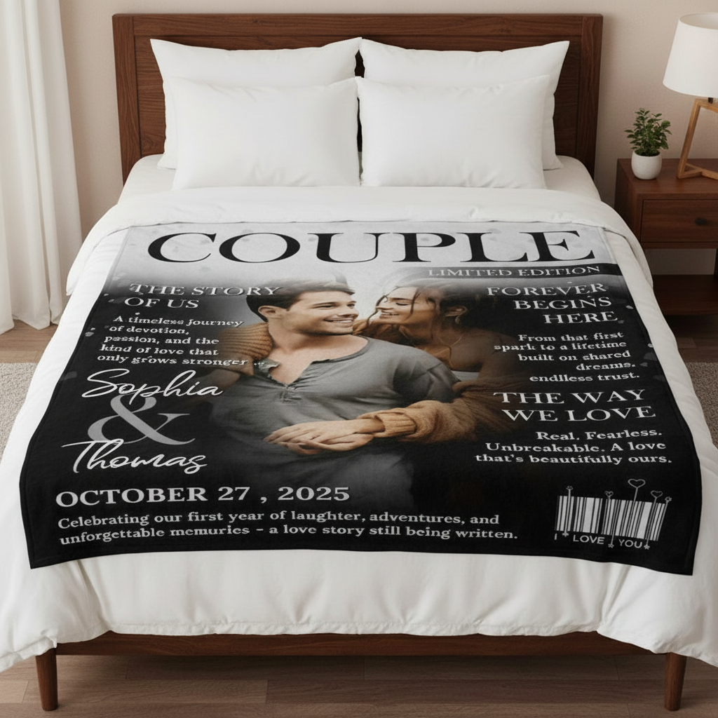 Personalized Love Story Couple Magazine Cover Blanket - Gift For Romantic Couple