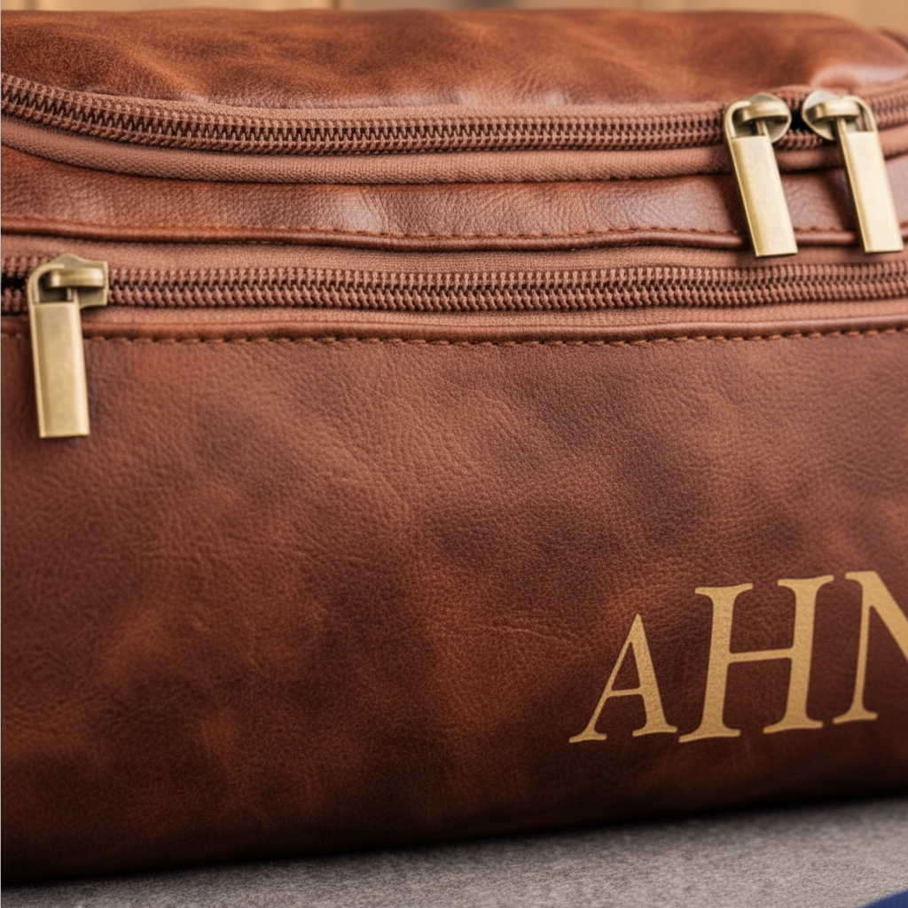 Luxury Leather Toiletry Bag with Laser Engraved Initial - Premium Personalized Gift For Dad, Husband