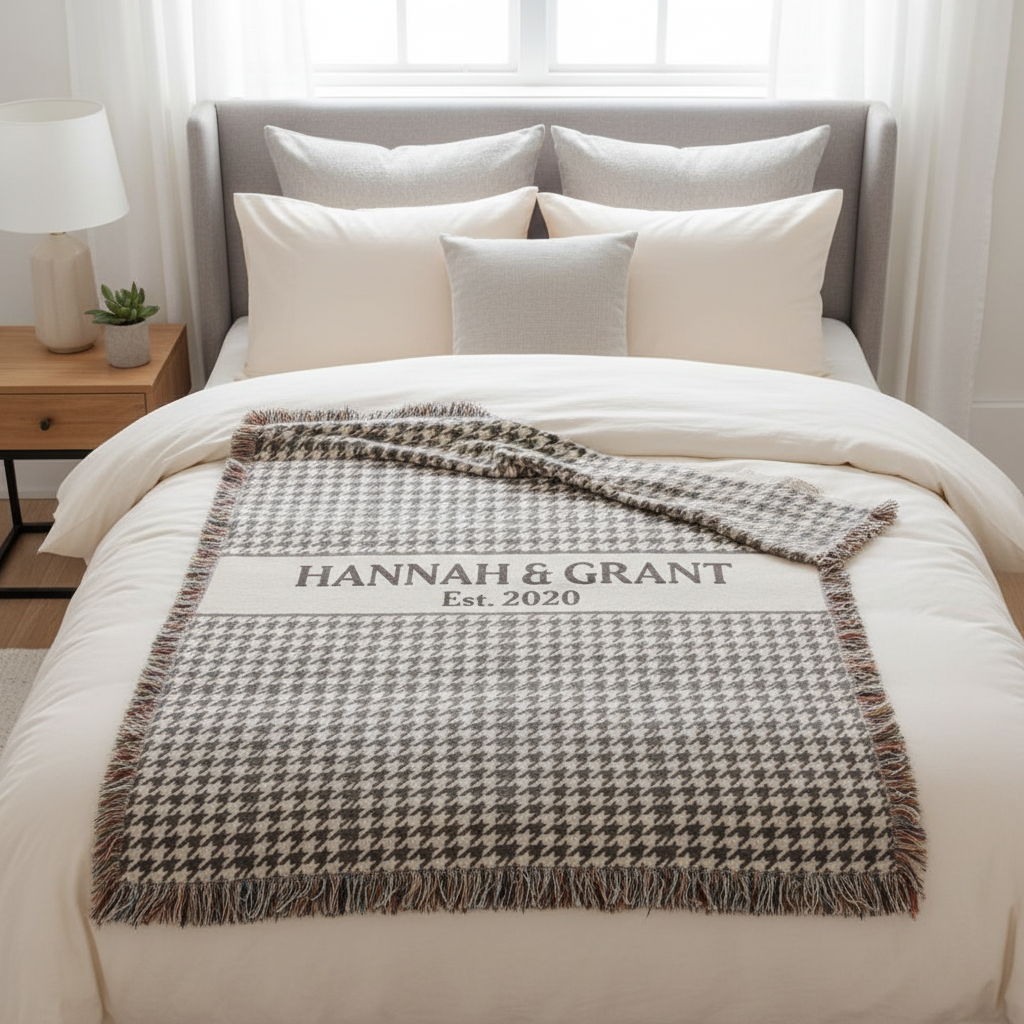 Taupe Houndstooth Plaid Custom Name & Year Blanket for Couple/Family – Personalized Wedding & Anniversary Gift