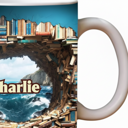 Custom Name Ocean Book Tunnel Ceramic Mug - Personalized Perfect Gift for Readers, Book Lovers