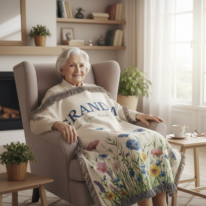 Soft Floral Custom Name Woven Blanket – Unique Gift for Mom or Grandma