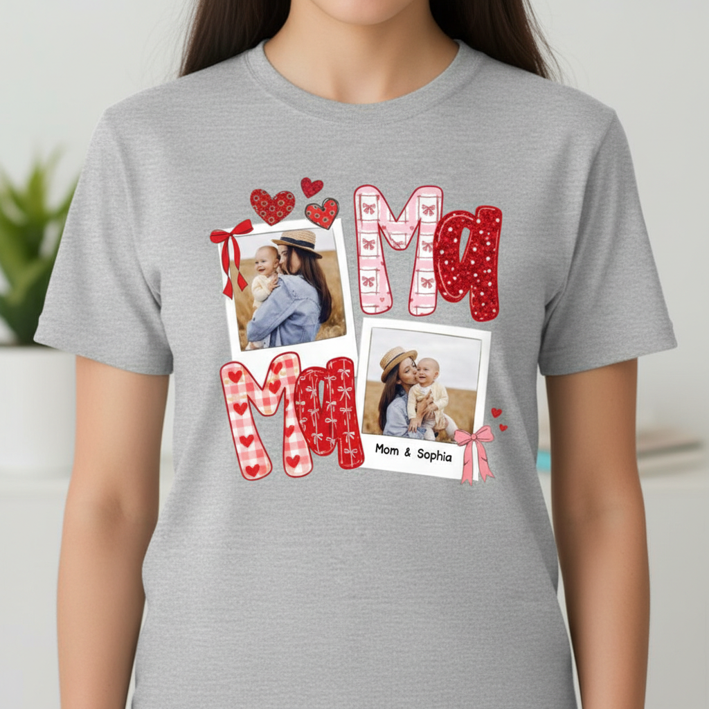Preppy Mama Valentine Glitter Effect Photo - Personalized Women Tee - Heartfelt Gift for Mom