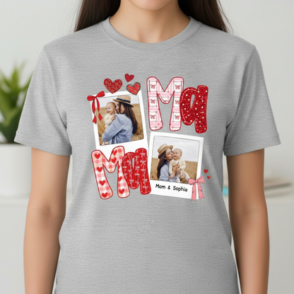 Preppy Mama Valentine Glitter Effect Photo - Personalized Women Tee - Heartfelt Gift for Mom