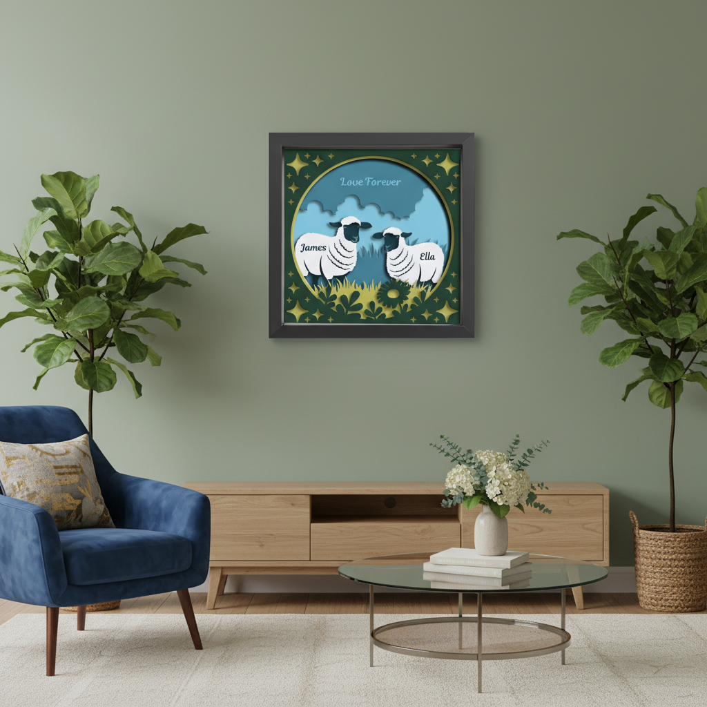 3D Layered Papercut Sheep Meadow Framed Picture - Perfect Gift for Couples