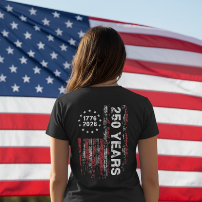 America 250th Birthday US Flag 250 Years We The People Back Side Dark Woman V Neck