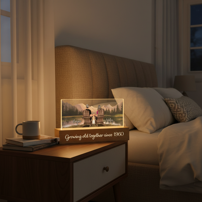 Retro Vintage Back View Couple Sitting Mountain Landscape Personalized Acrylic Block LED Night Light - Heartfelt Gift For Couple