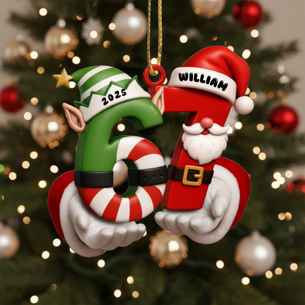 Personalized 67 Ornament, Funny Six Seven 2D Flat Ornament, Christmas Santa 67 Ornament, Six Seven Ornament, Gen Alpha Teenager Ornament