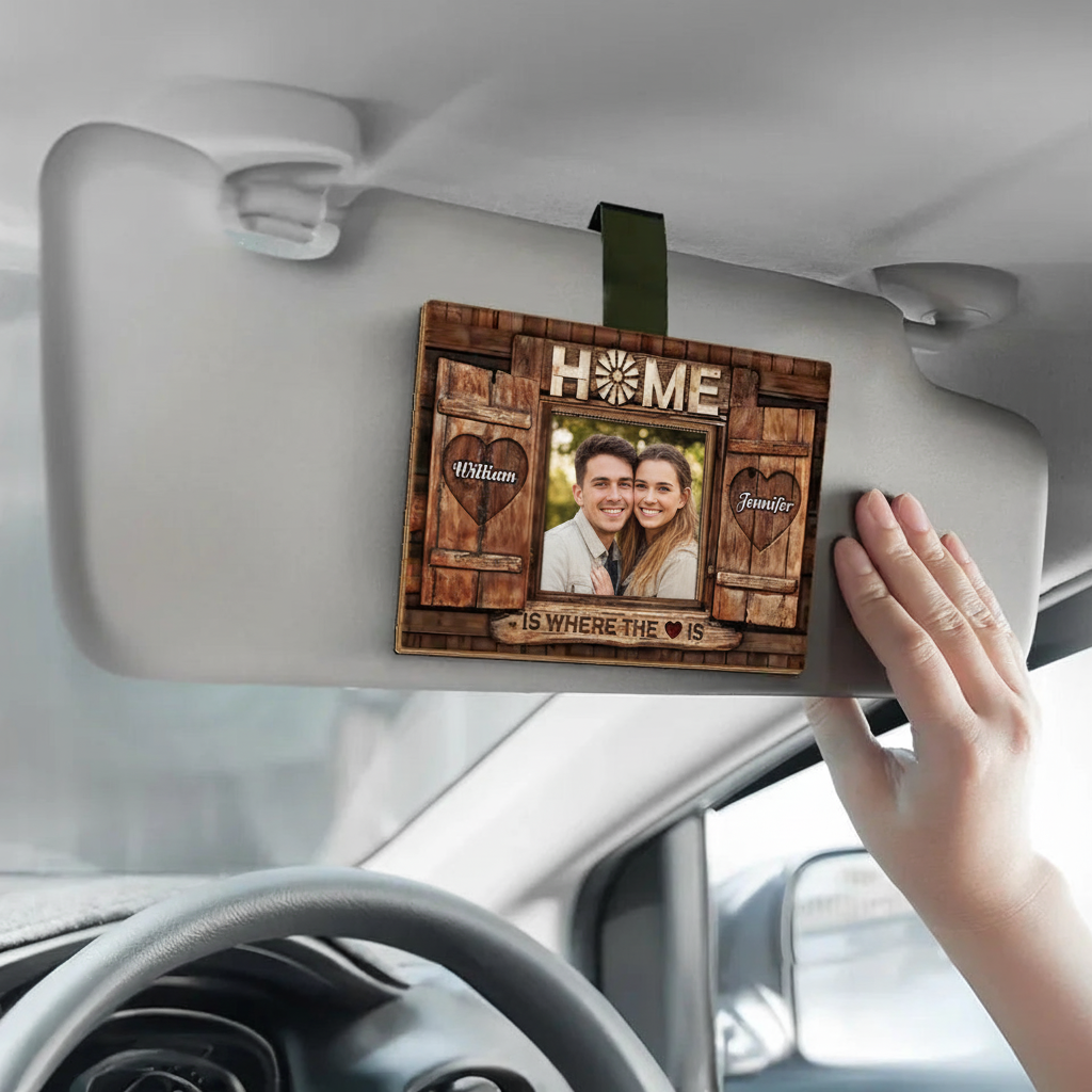Custom Photo “Home Is Where the Love Is” 2Layers Wooden Car Visor Clip – Personalized Couple Gift