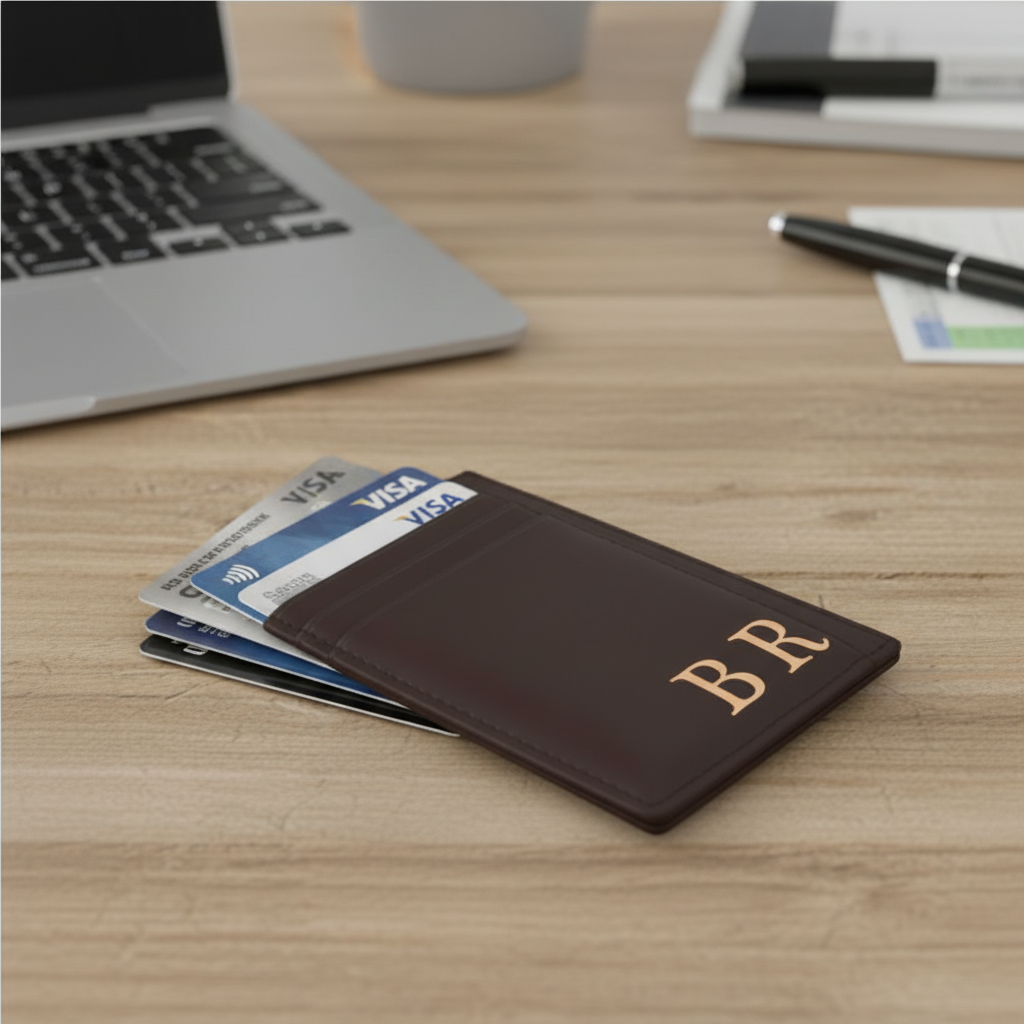 Personalized Card Holder With Laser Engraved Initial Text Logo - Premium Personalized Gift For Dad, Husband