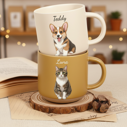 Personalized Cartoon Pet Pottery Mug – Cute Custom Photo Gift for Dog Lovers, Cat Lovers