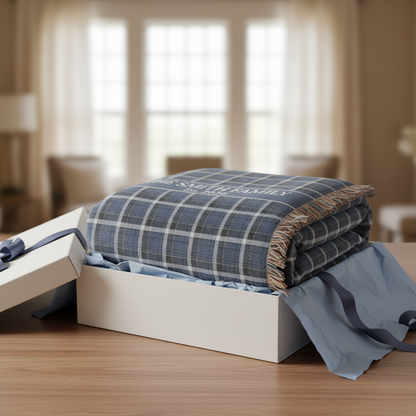 Navy Plaid Custom Name & Year Blanket for Couple/Family – Personalized Wedding & Anniversary Gift