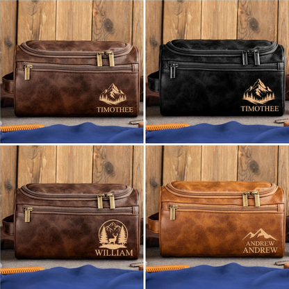 Custom Leather Toiletry Bag for Adventurers – Personalized Name & Mountain Design
