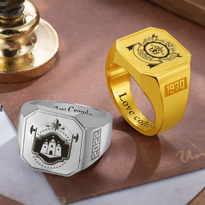 Personalised School Logo Crest Coat of Arms Ring Engraved Square Signet Ring with Text Gift for Graduates Men