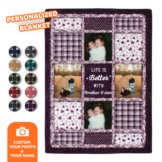 Custom Photo “Sisters & Brothers Will Always Be Connected By Heart” – Personalized Fleece & Sherpa Blanket