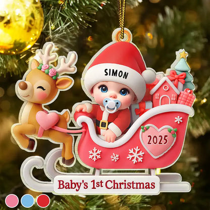 Baby Santa In Sleigh First Christmas - Personalized Custom Shaped Acrylic Ornament