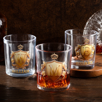 Personalised Golden Badge Initial Name Rock Whiskey Glass Old Fashioned Birthday Gift for Man Bartender Whiskey Enthusiast