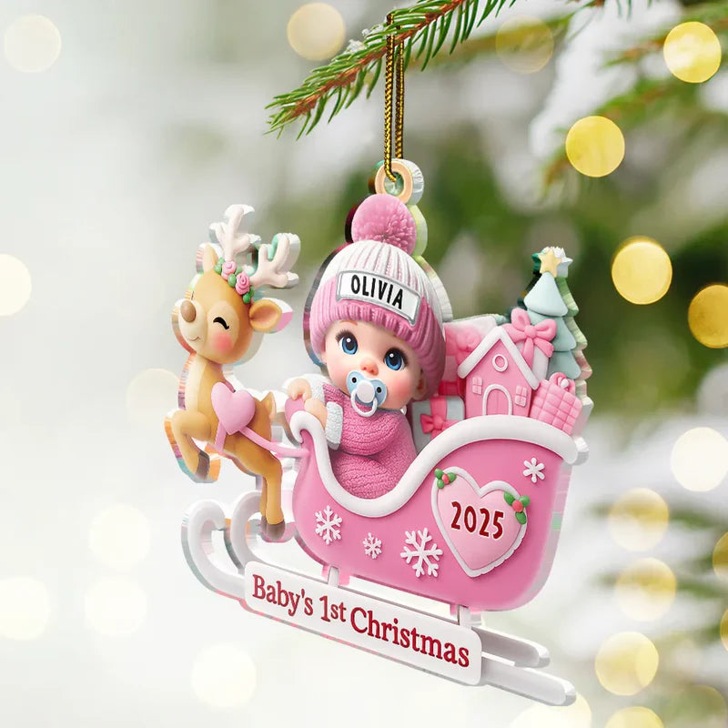 Baby Santa In Sleigh First Christmas - Personalized Custom Shaped Acrylic Ornament