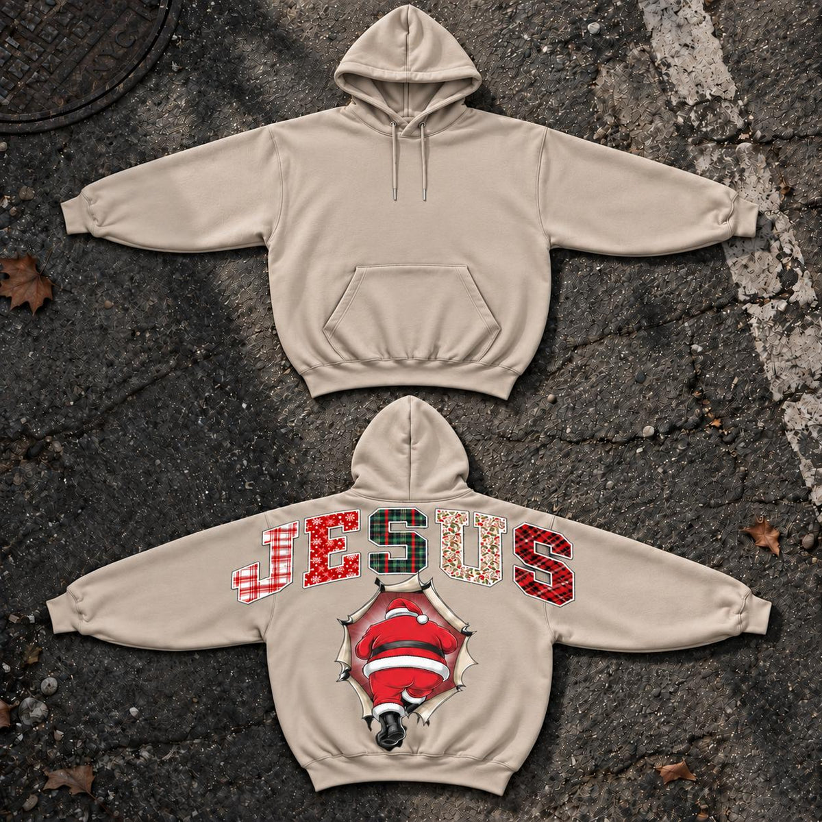 Women's Jesus Christmas Santa Printed Pullover Hoodie - Shoulder-to-Shoulder Back Lettering, Funny Holiday Graphic Top, Christmas Season Sweatshirt, Xmas Gift for Her