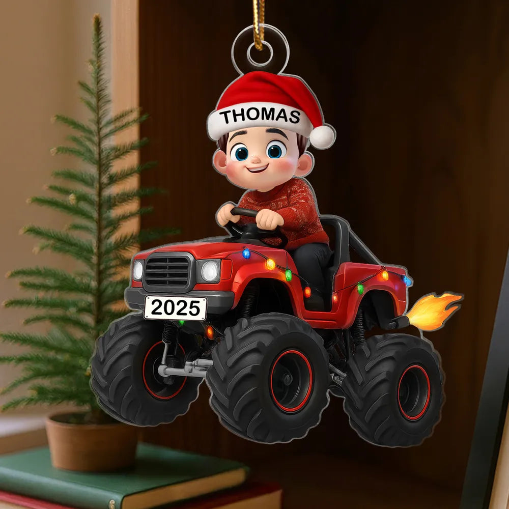 3D Effect Christmas Kid Driving Monster Truck - Personalized Acrylic Ornament - Gift For Kids, Grandkids