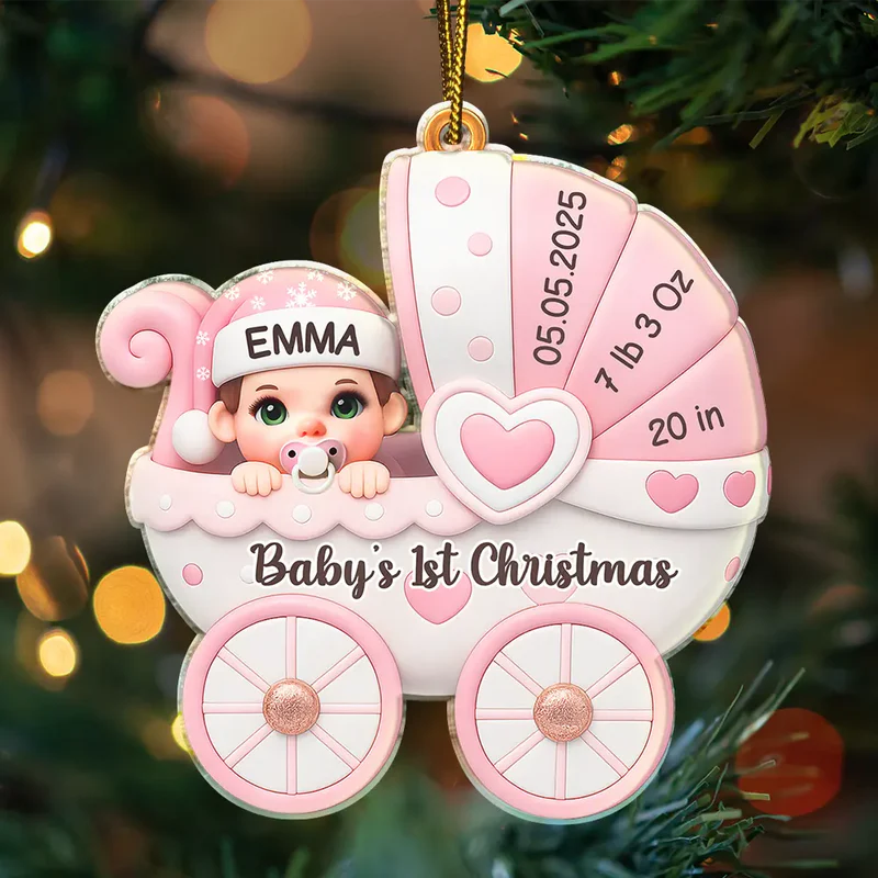 Baby First Christmas Baby Carriage 3D Effect - Personalized Custom Shaped Acrylic Ornament