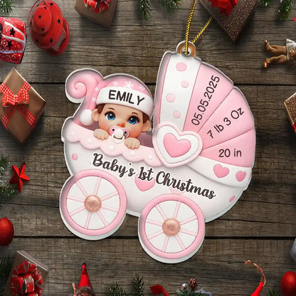 Baby First Christmas Baby Carriage 3D Effect - Personalized Custom Shaped Acrylic Ornament