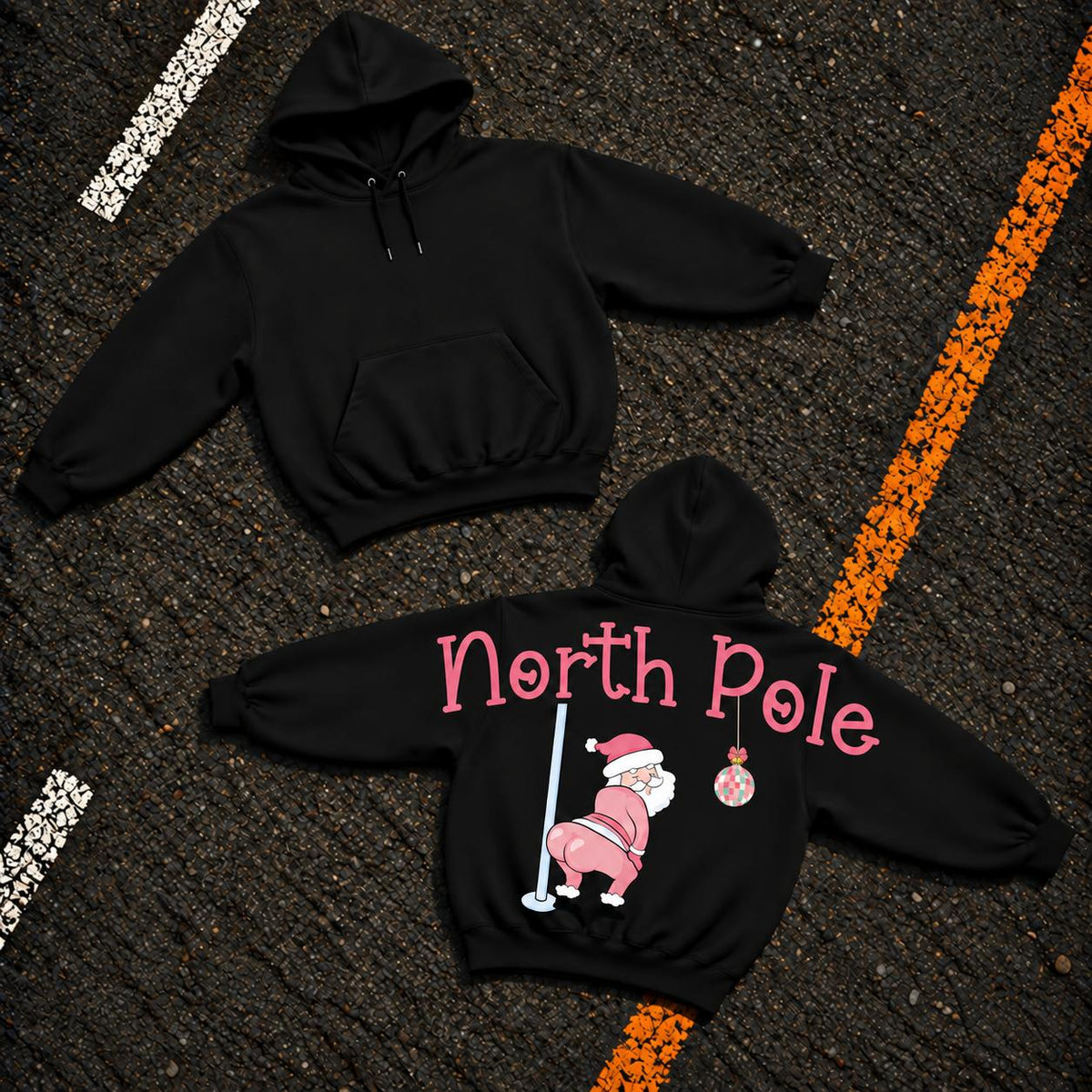 Women's North Pole Santa Christmas Graphic Hoodie - Funny Pink Santa Back Print Pullover, Shoulder-to-Shoulder Holiday L