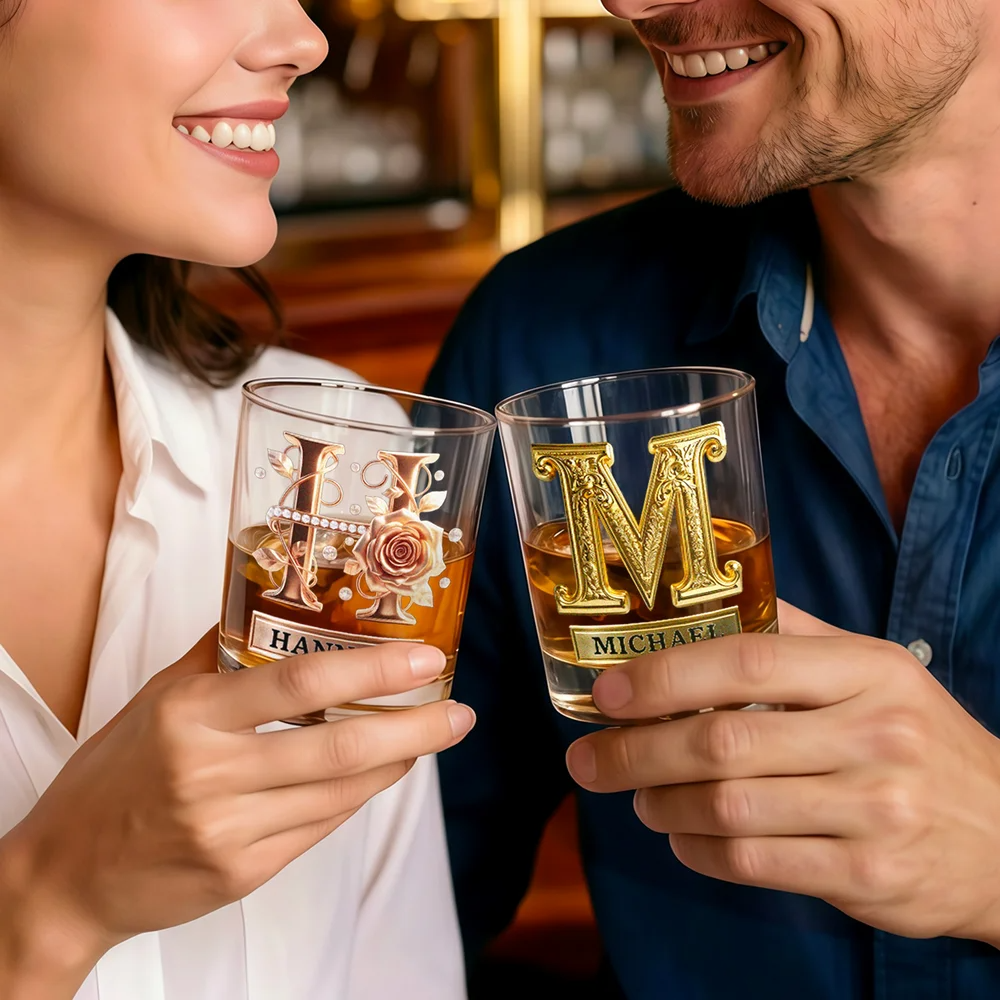 Roses Hold Love, Initials Mark Us - Personalised Old Fashioned Rock Whiskey Glass