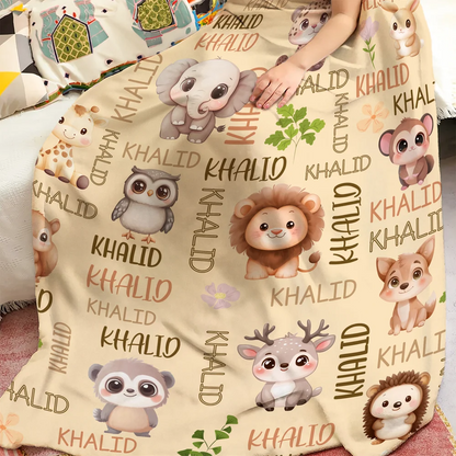 Personalised Multicolor Cute Forest Animal Soft Throw Blanket with Name Children's Day Christmas Gift for Boys Girls