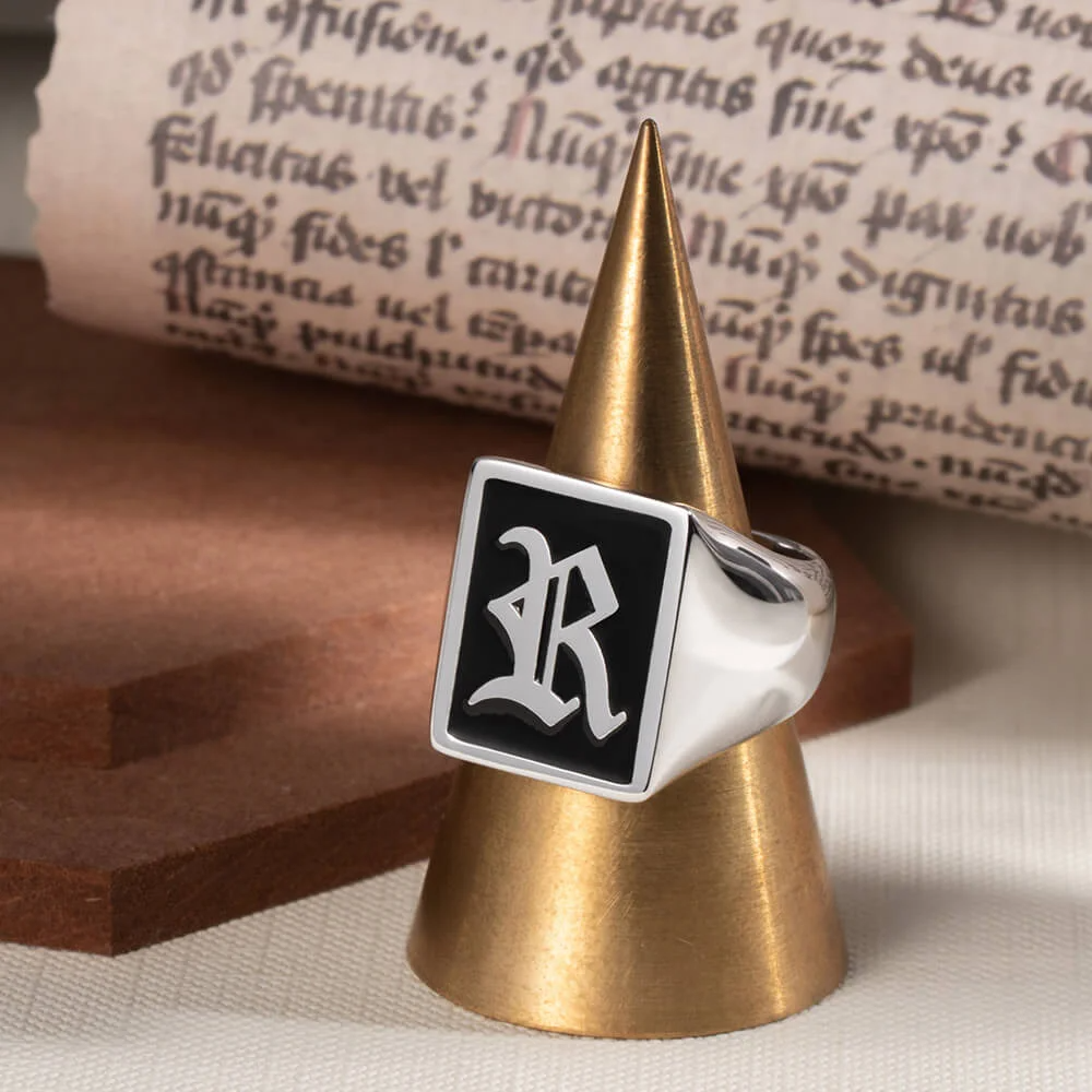 Personalised Old English Gothic Vintage Initial Signet Sterling Silver Ring Gift for Woman Man