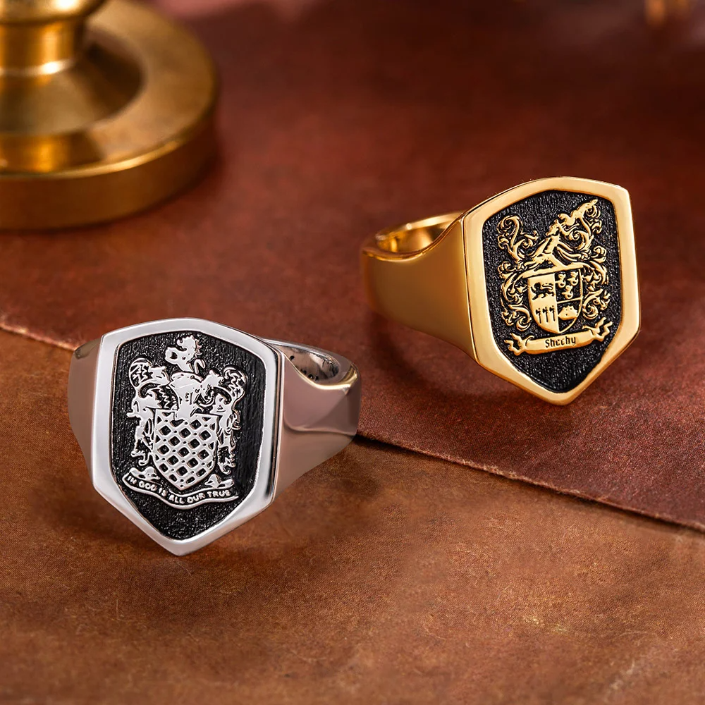 Personalised Classical Coat of Arms Family Crest Shield Signet Ring Jewellery with Engraving Text Birthday Gift for Family