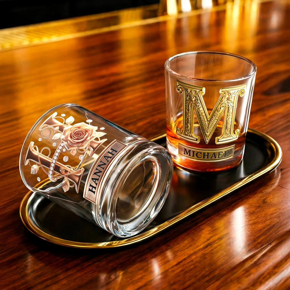 Roses Hold Love, Initials Mark Us - Personalised Old Fashioned Rock Whiskey Glass