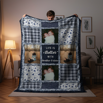 Custom Photo “Sisters & Brothers Will Always Be Connected By Heart” – Personalized Fleece & Sherpa Blanket