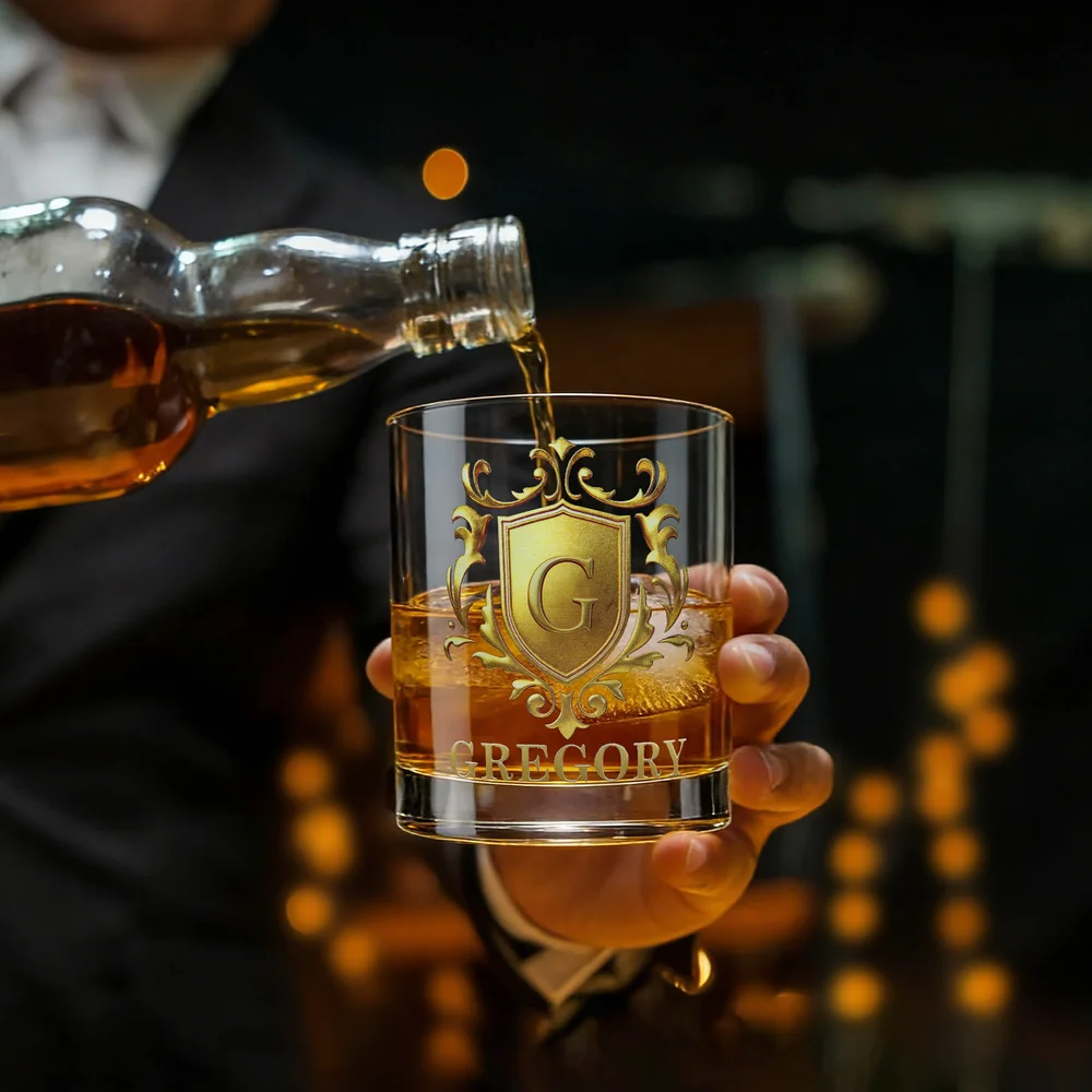 Personalised Golden Shield Initial Name Rock Whiskey Glass Old Fashioned Anniversary Birthday Gift for Man Bartender Whiskey Enthusiast