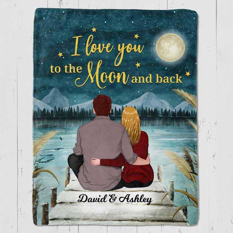 Couple Love You To The Moon And Back Personalized Fleece Blanket - Romantic Gift For Couples
