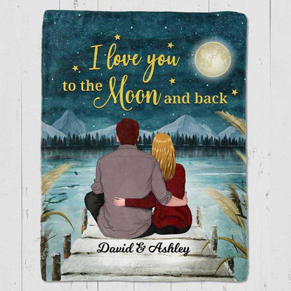 Couple Love You To The Moon And Back Personalized Fleece Blanket - Romantic Gift For Couples