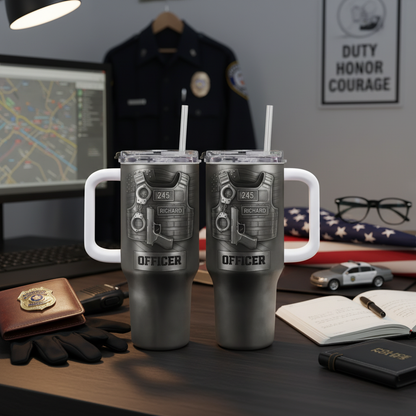 Personalized Police Officer 40oz Tumbler With Handle, Custom Name Badge Number Cup, Law Enforcement Gift, Thin Blue Line Tumbler