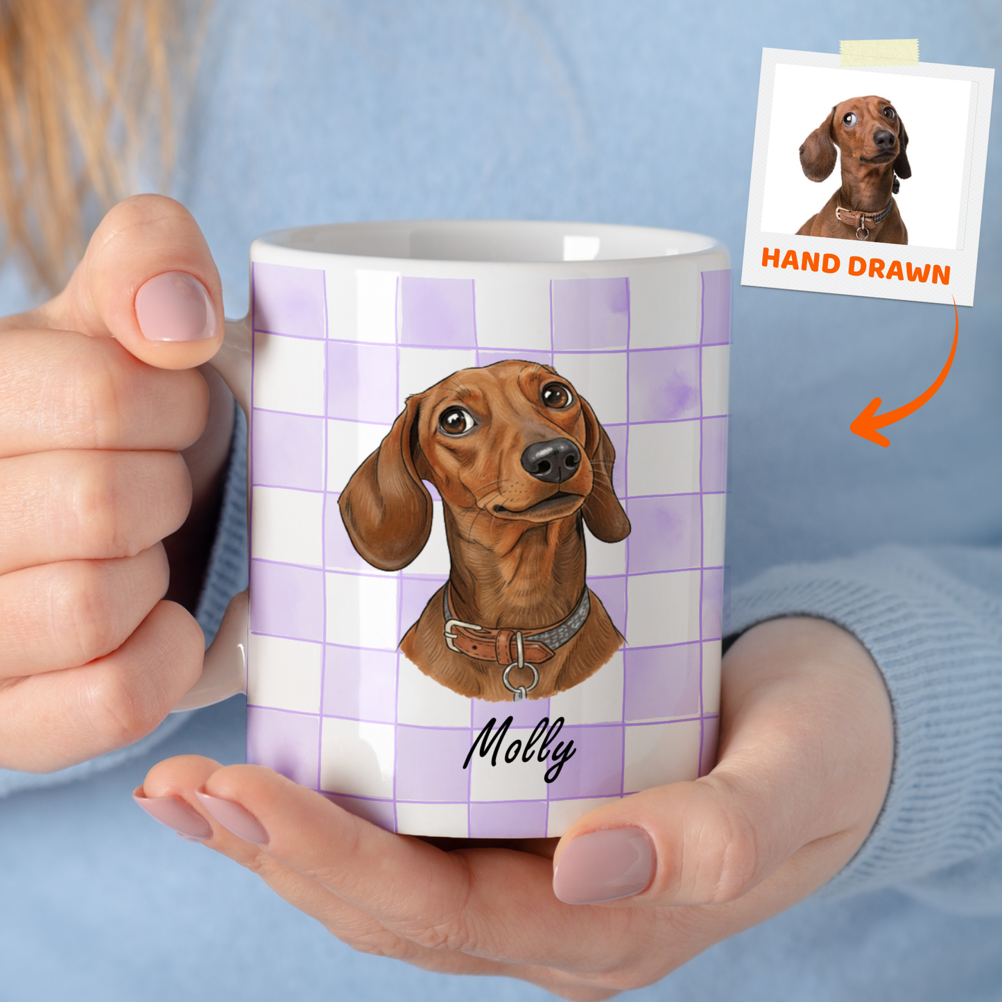Custom Pet Portrait Checkered Mug – Hand-Drawn Style 3D Print Ceramic Cup