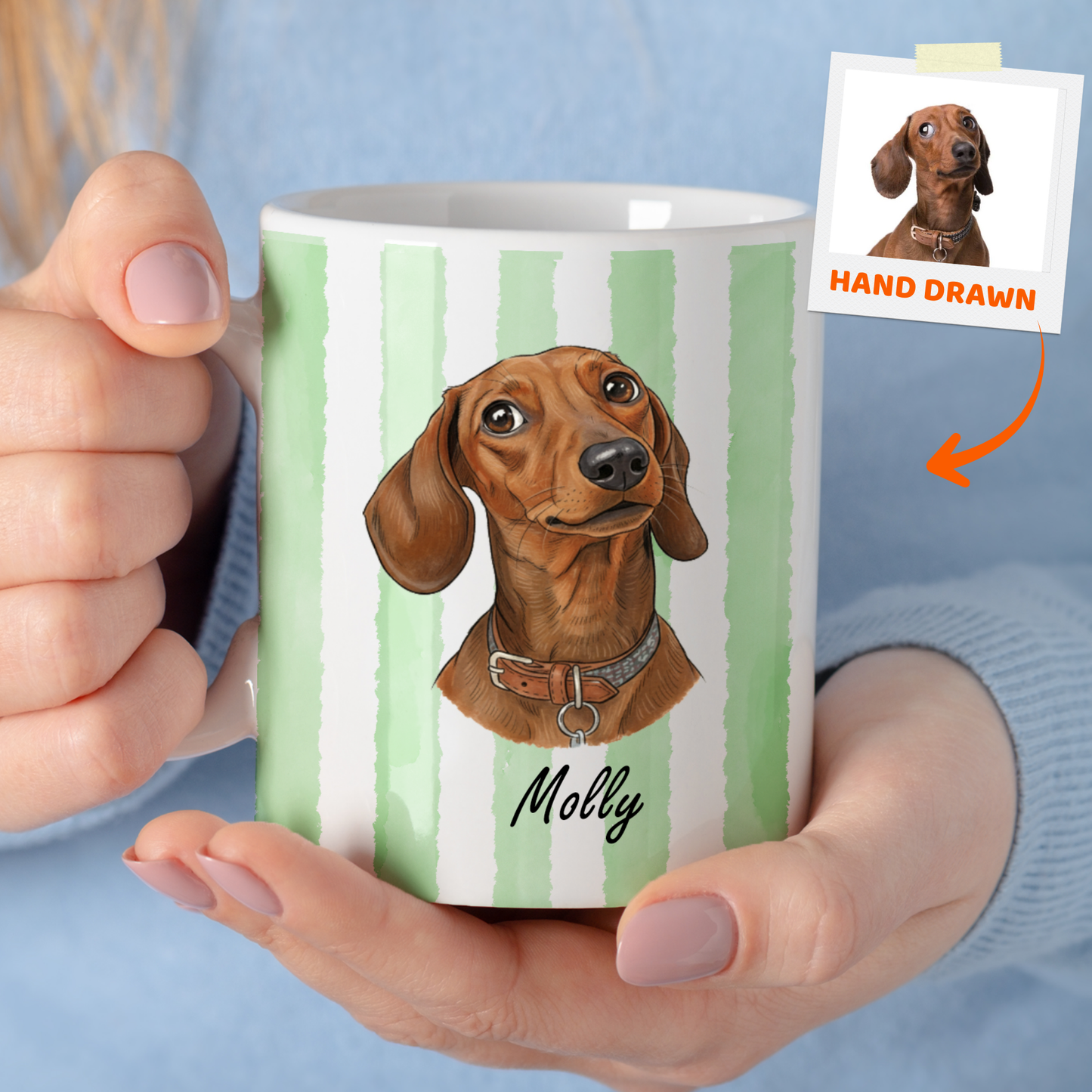 Custom Pet Portrait Striped Mug – Hand-Drawn Style 3D Print Ceramic Cup