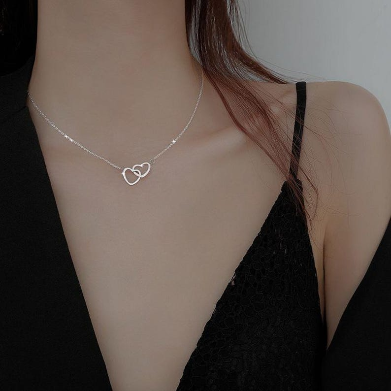 Double Heart Interlocking Necklace – Minimalist Love Pendant for Girlfriend & Wife