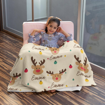 Personalized Christmas Blanket for Kids and Babies for the Holiday Season – Cute Reindeer Style – Cozy Fleece, Sherpa Material