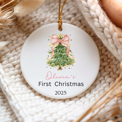 Coquette Baby Girl First Christmas Ornament, Personalized First Christmas Ornament Baby Girl Name, Baby Family Keepsake, Coquette Pink Bow