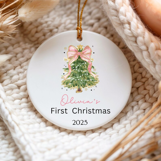 Coquette Baby Girl First Christmas Ornament, Personalized First Christmas Ornament Baby Girl Name, Baby Family Keepsake, Coquette Pink Bow